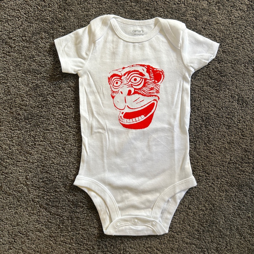 Hand-silkscreened Carter's White Onesie with Bold Red Monkey Design - 6 months